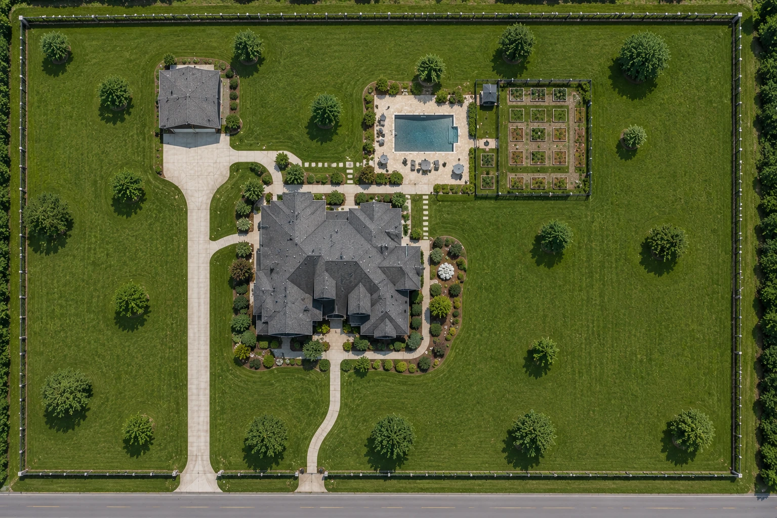 Aerial view of a residential property with the lawn, driveway, garden, roof, landscape beds, and pool deck each traced as a separately measured area