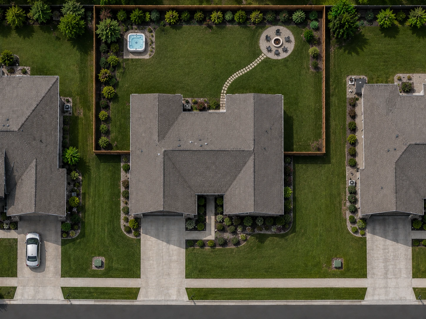 Aerial view of a residential property with the lawn, landscape bed, and walkway each traced and measured as a separate area