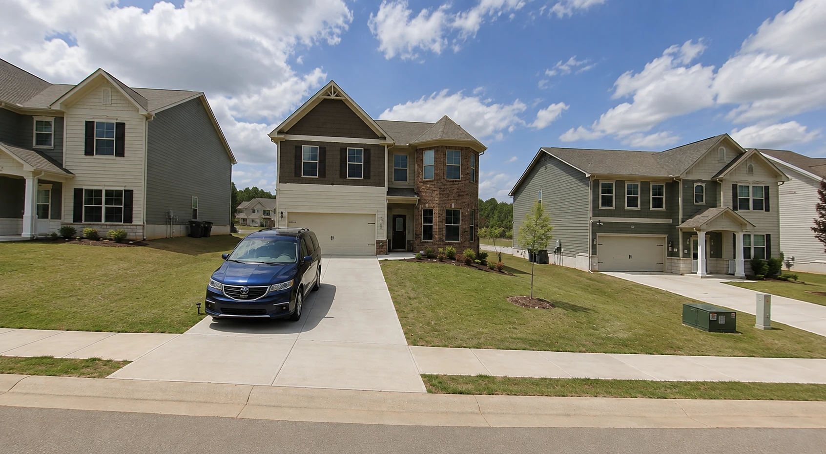 Street-level view of a two-story house with its driveway and front lawn, seen from the road